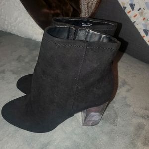 Black faux suede clear healed ankle boots